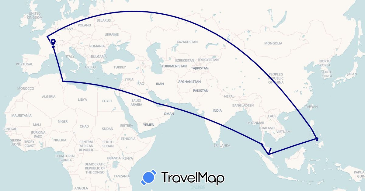 TravelMap itinerary: driving in France, Malaysia, Philippines, Qatar, Thailand, Tunisia (Africa, Asia, Europe)